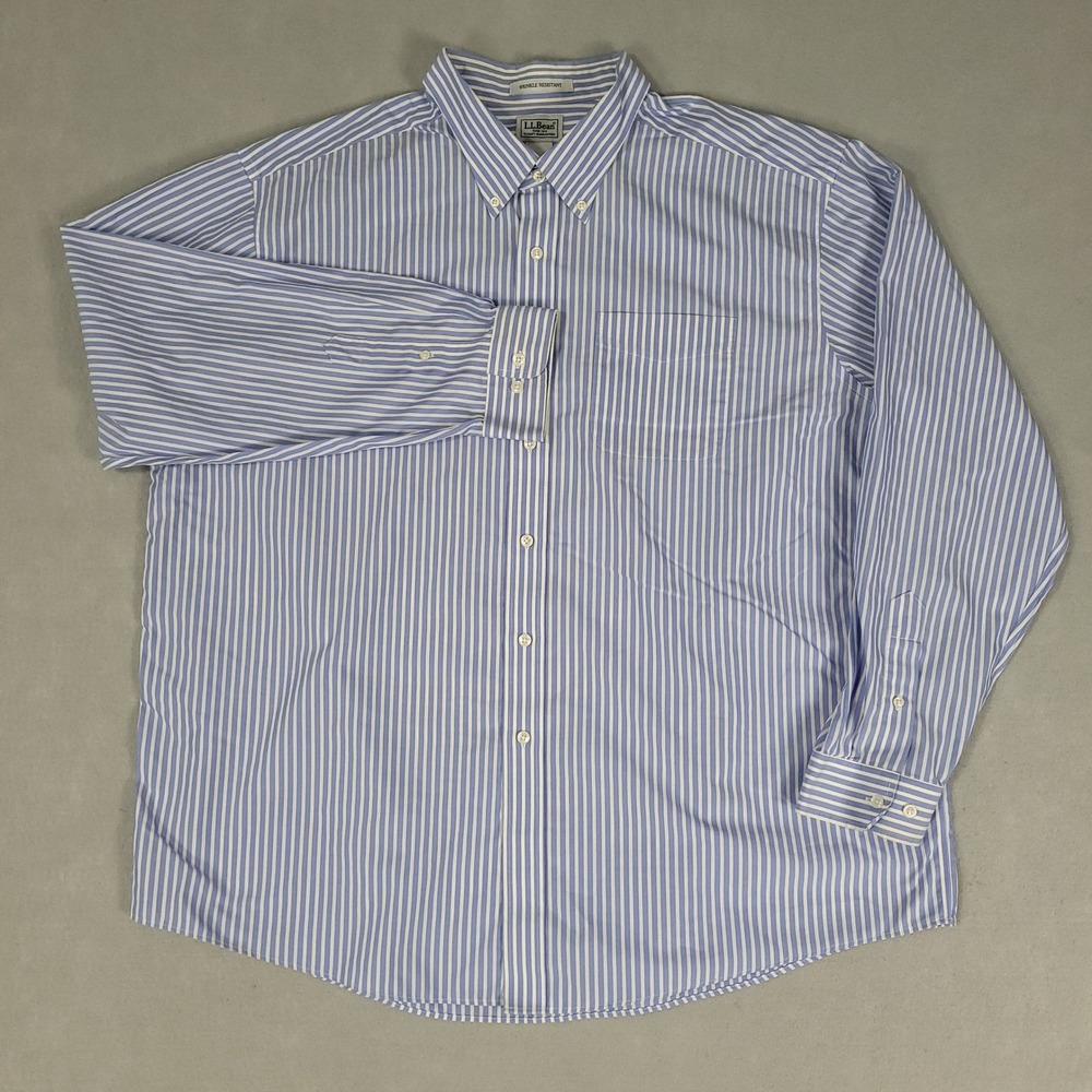 LL Bean Button Down Shirt Men's XXL Blue White Stripe Regular Fit Long Sleeve